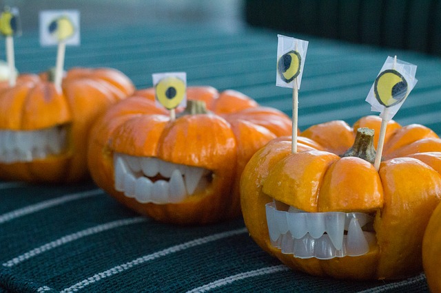 6. Pumpkin decorated with plastic dentures