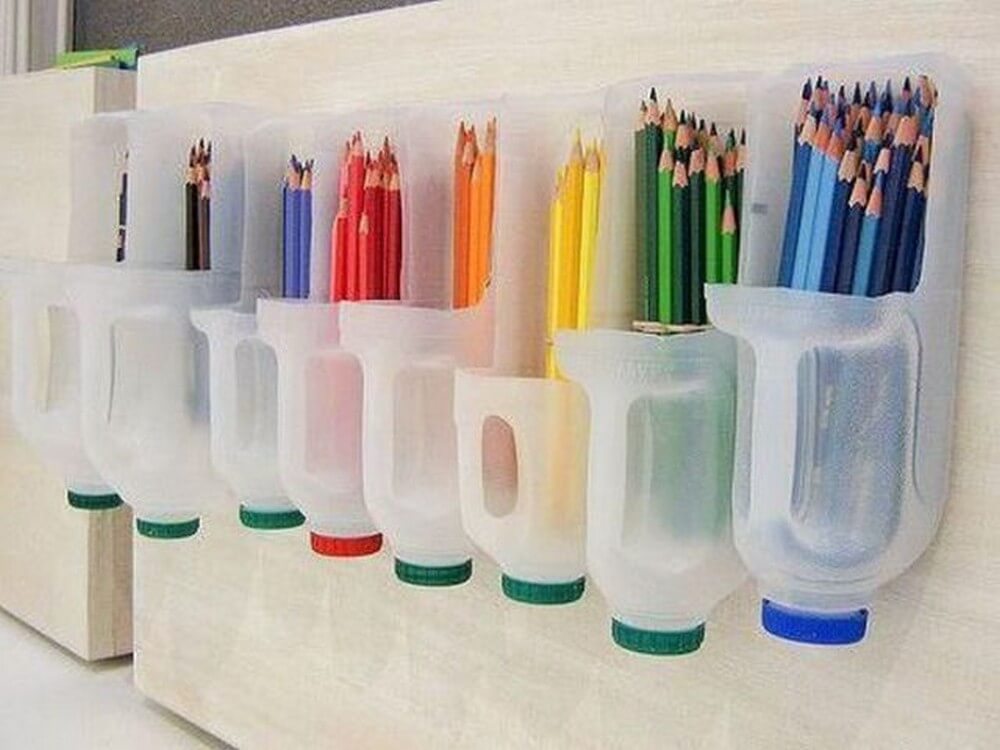 17. Pencil organizer with cleaning product packaging