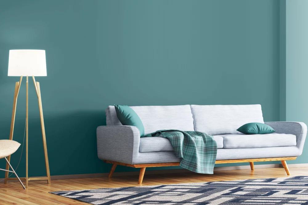 14- A turquoise blue painted living room