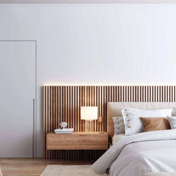 3- In the bedroom, wood for a headboard with a small bedside-style shelf 